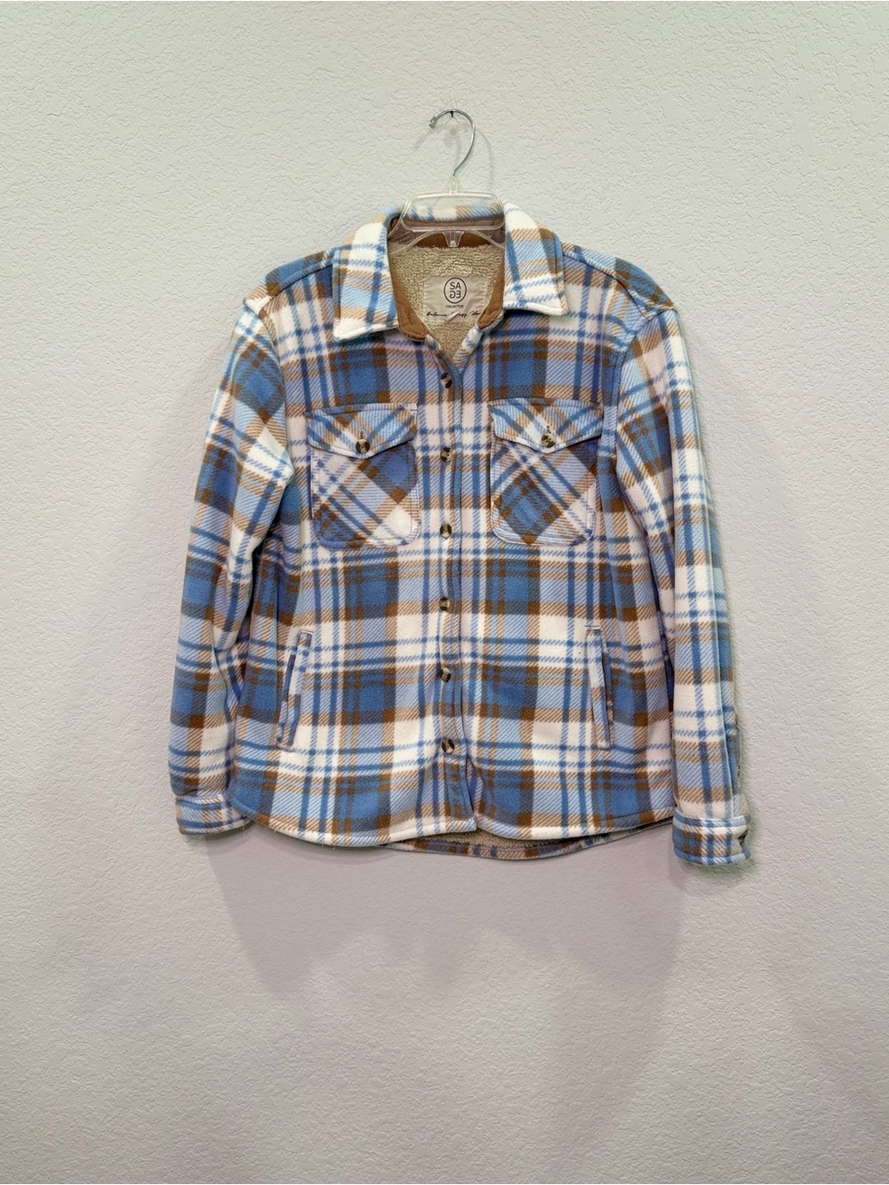 SAGE Collective WOMEN'S BLUE & BROWN PLAID SHACKET - 360° COZY - S